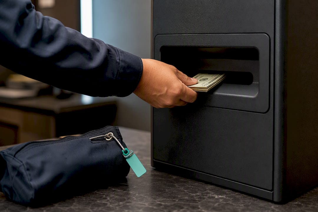 Employee depositing cash into smart safe