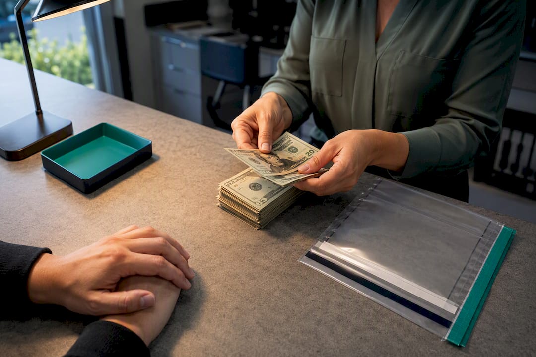 Dealer counting cash beside deposit pouch