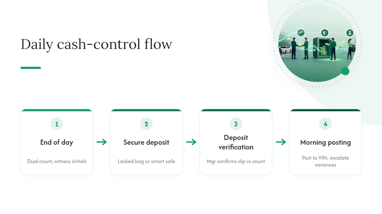 Four-stage daily dealership cash workflow