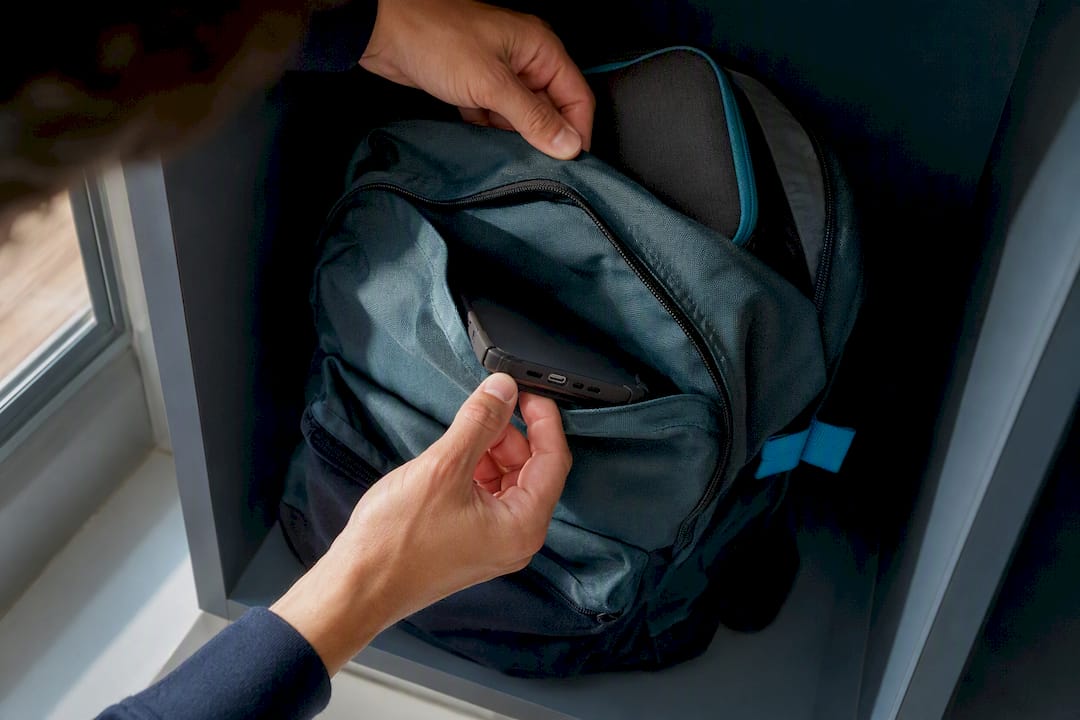 Phone partially protected inside backpack