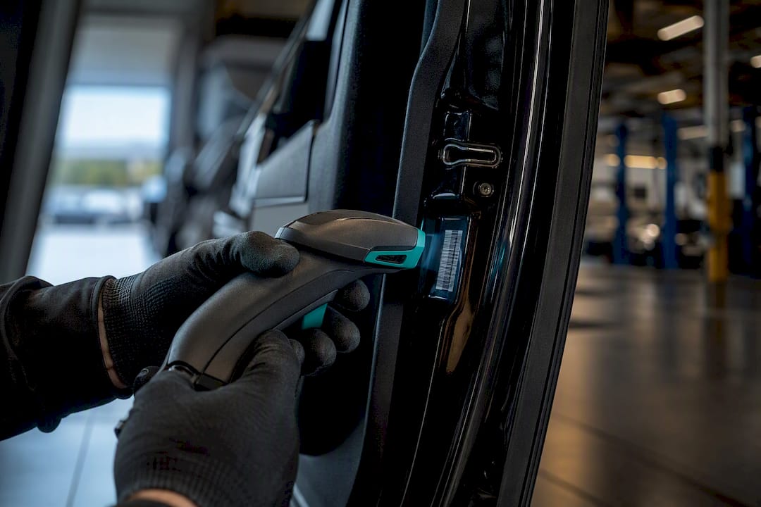 Technician scanning vehicle VIN at service bay