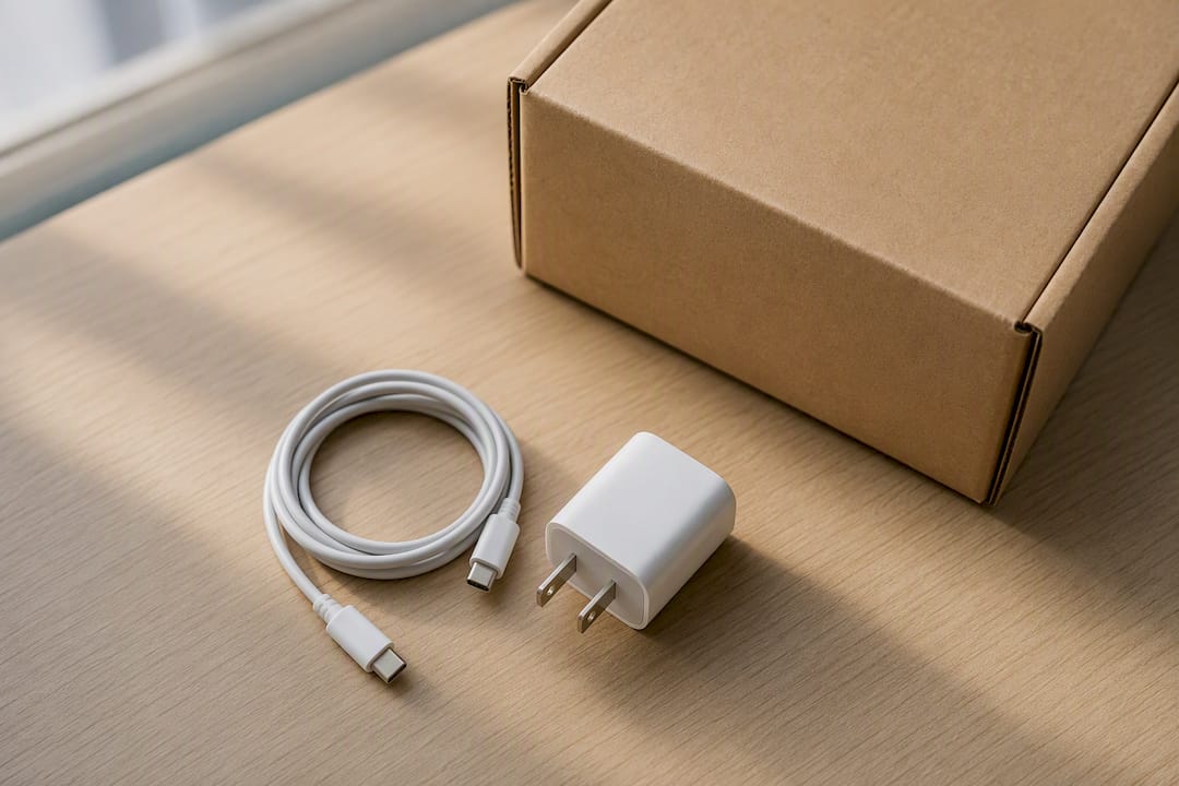 Anonymous charger and cable beside box