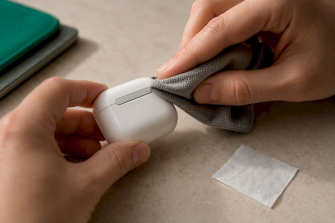 Hands carefully cleaning a charging case