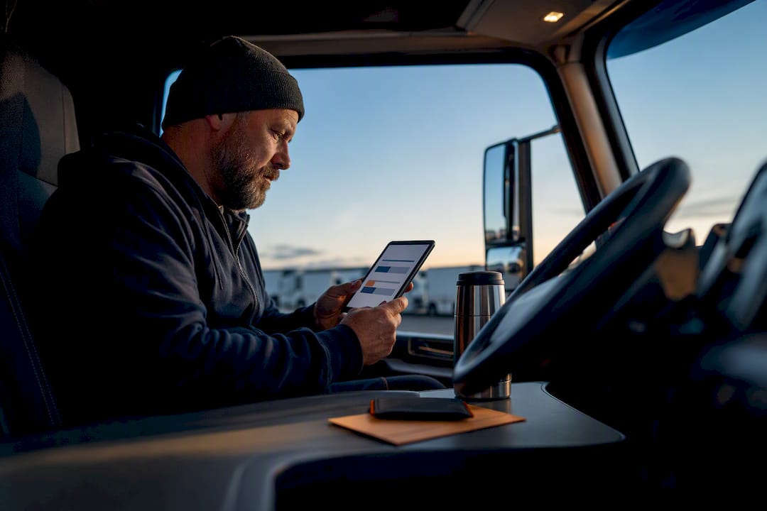 Truck driver reviewing bank deposits in cab