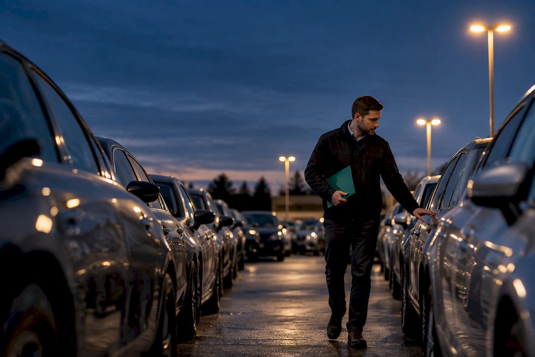 Anonymous dealership inventory rows at dusk