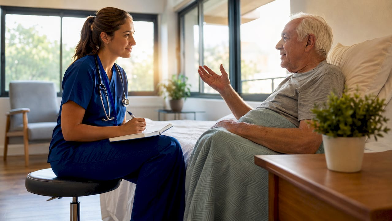 Nurse assessing elderly patient in hospital room