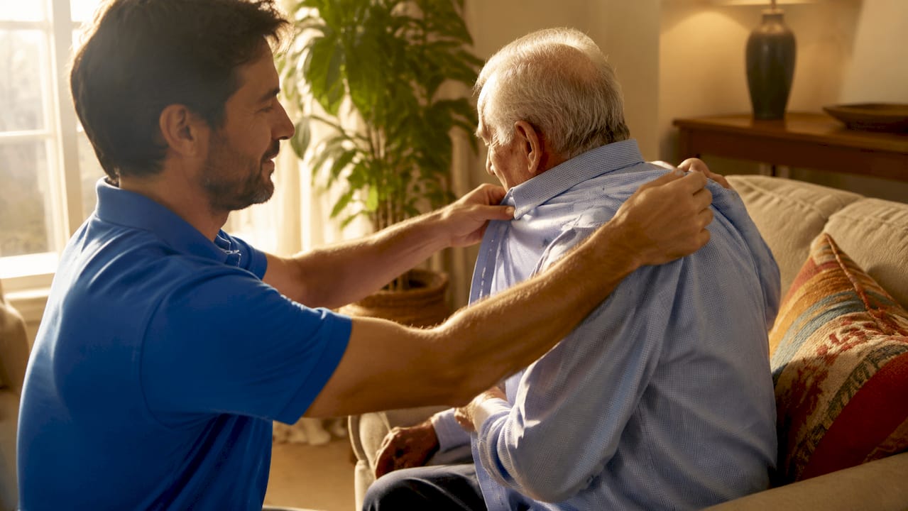 Caregiver helping elderly man with dressing