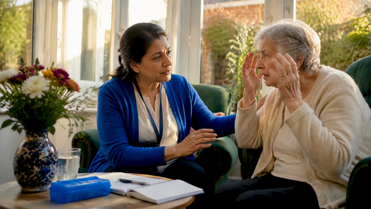 Caregiver managing elderly woman’s agitation in living room