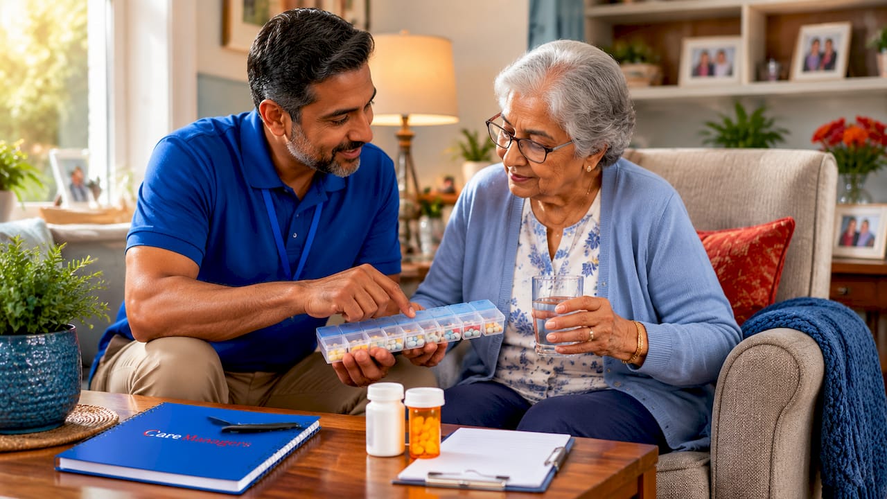 Caregiver explaining medication to elderly woman at kitchen table