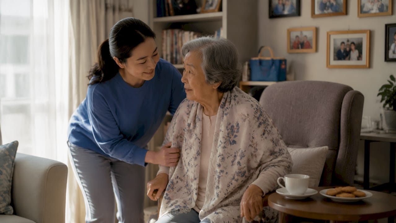 Caregiver helping elderly woman at table