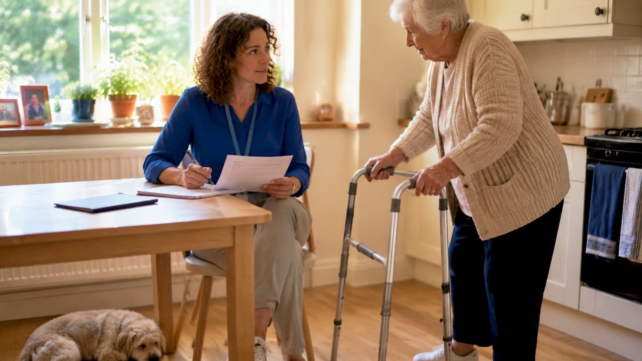 Therapist evaluating elderly woman using walking aid
