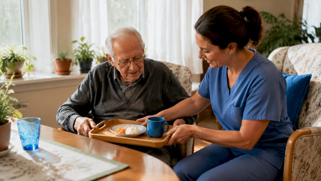 Caregiver assisting elderly man in hospital
