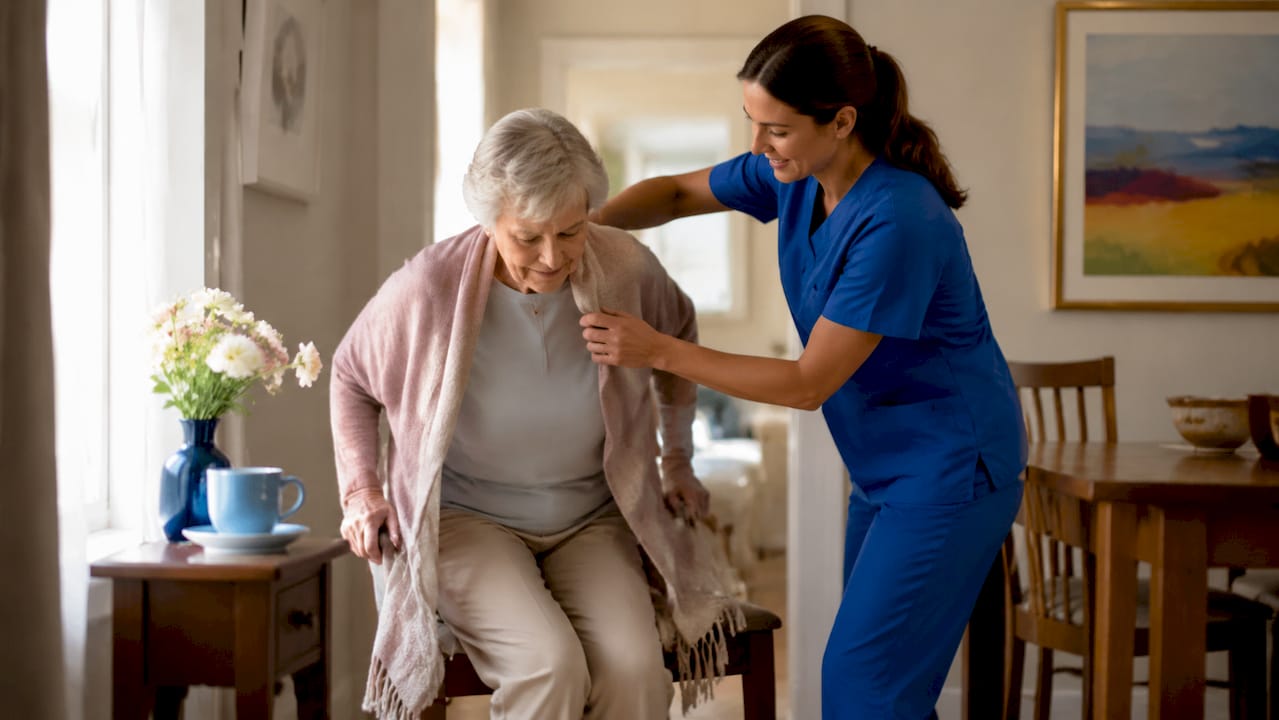 Care worker assisting elderly woman in living room
