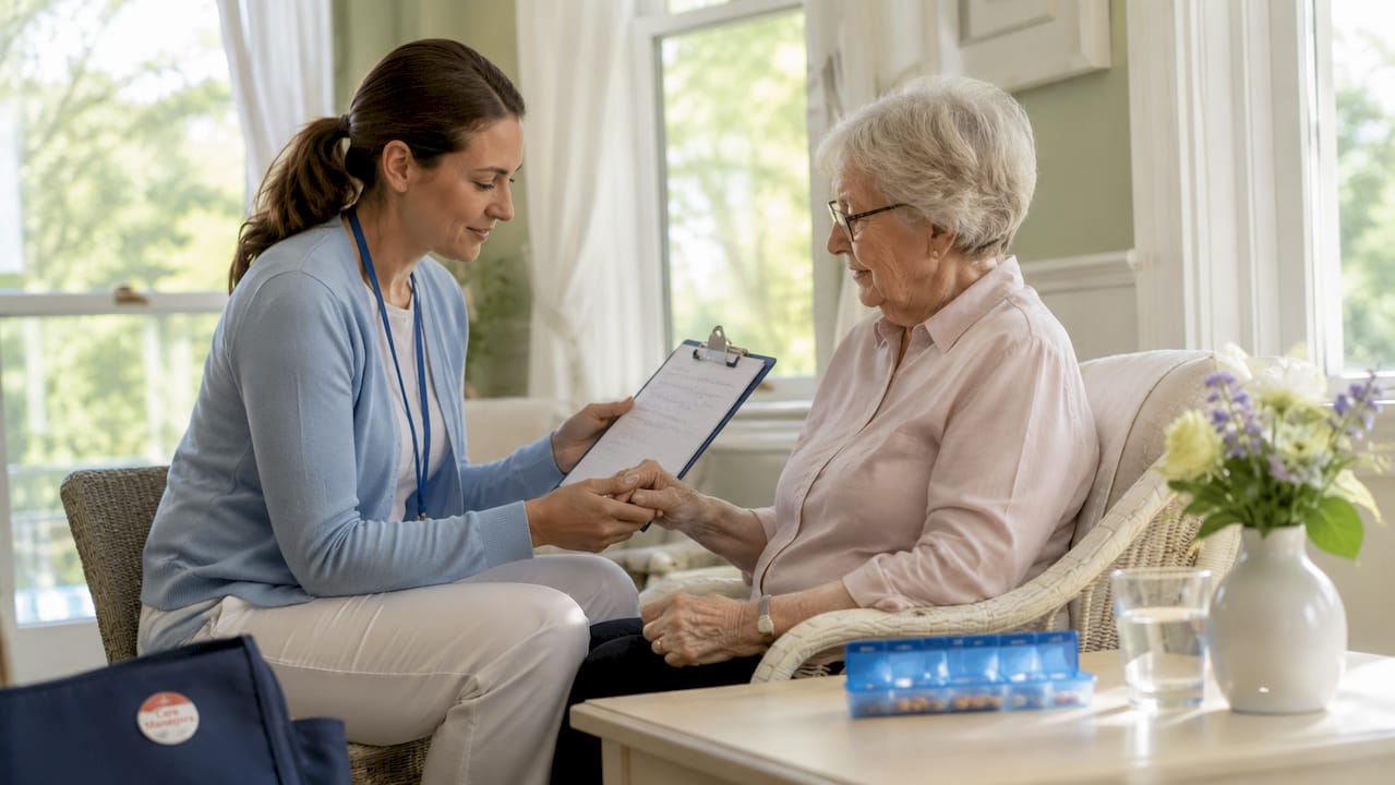 Nurse assisting elderly woman with care checklist at home