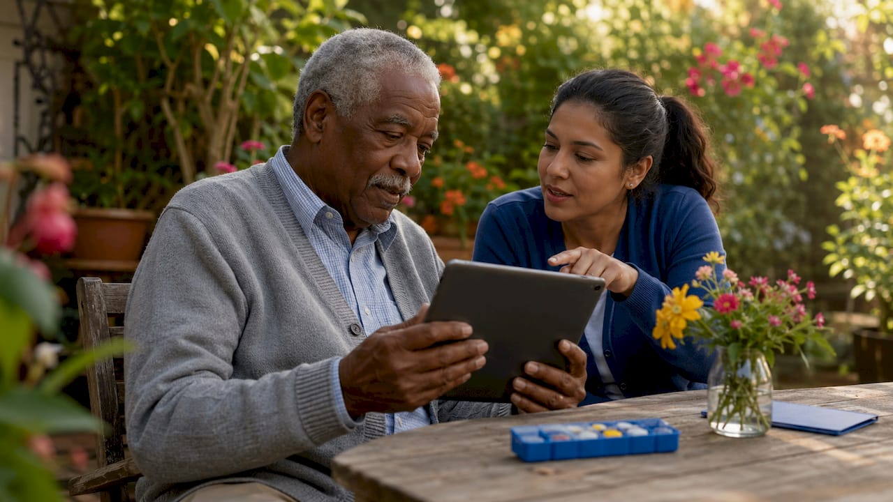 Family reviewing home care monitoring tools on tablet