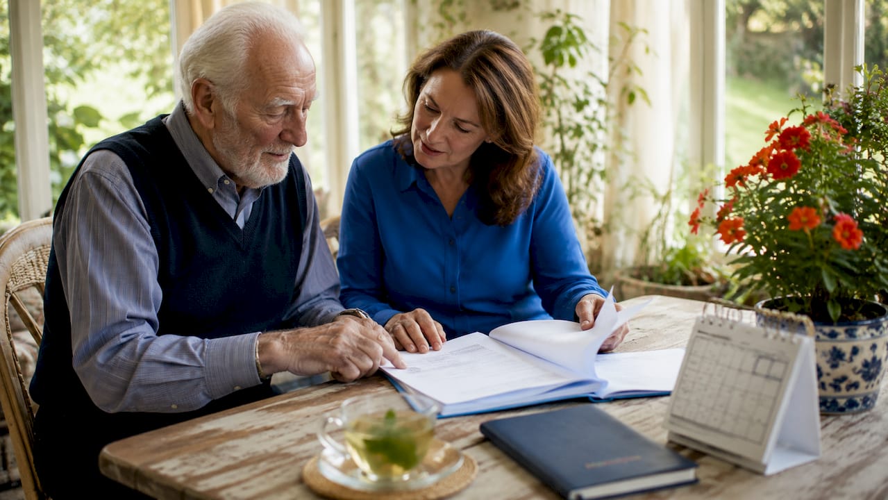 Hands holding home care notes in family discussion