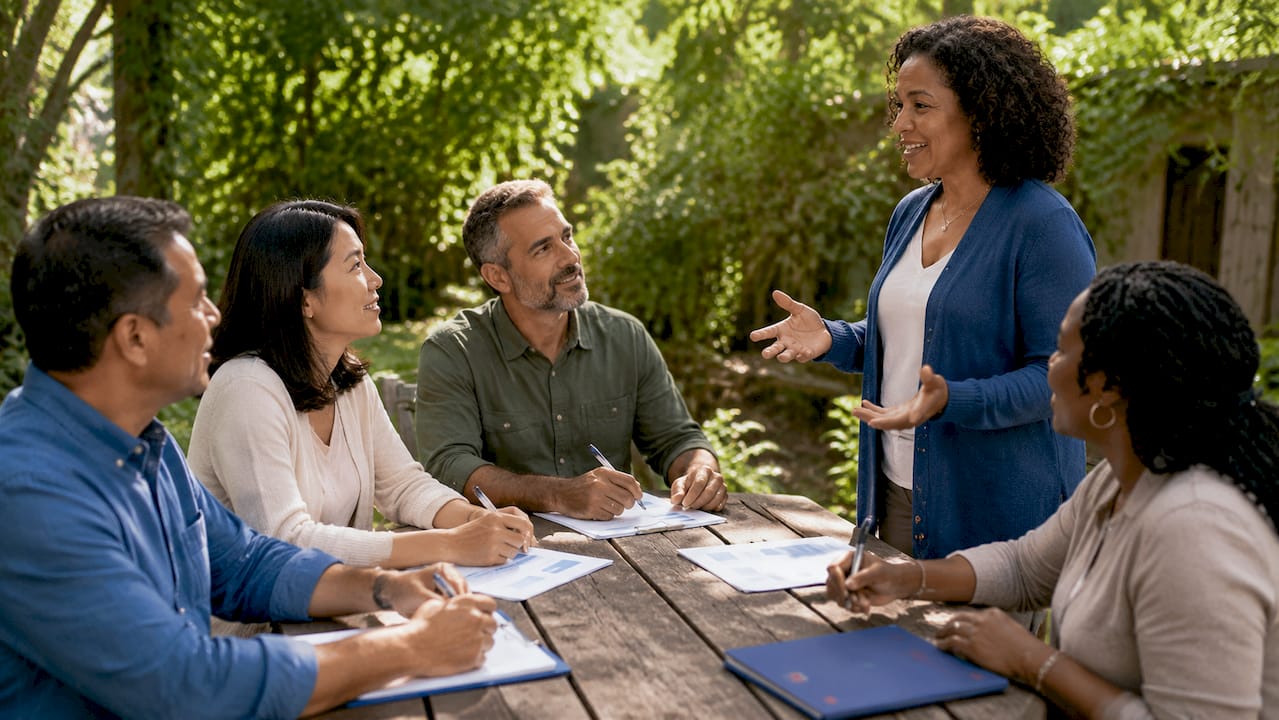 Group discussion in caregiver support meeting room