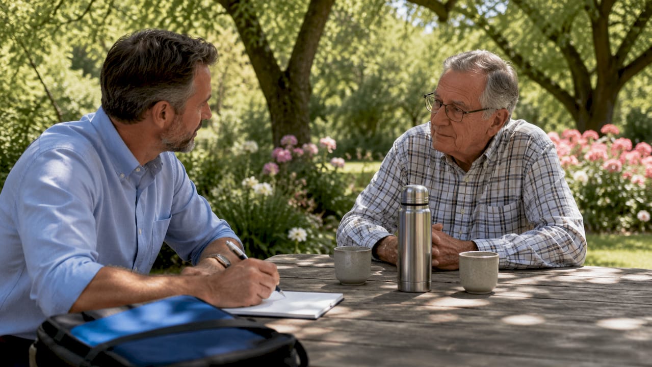 Care manager assessing elderly man's needs
