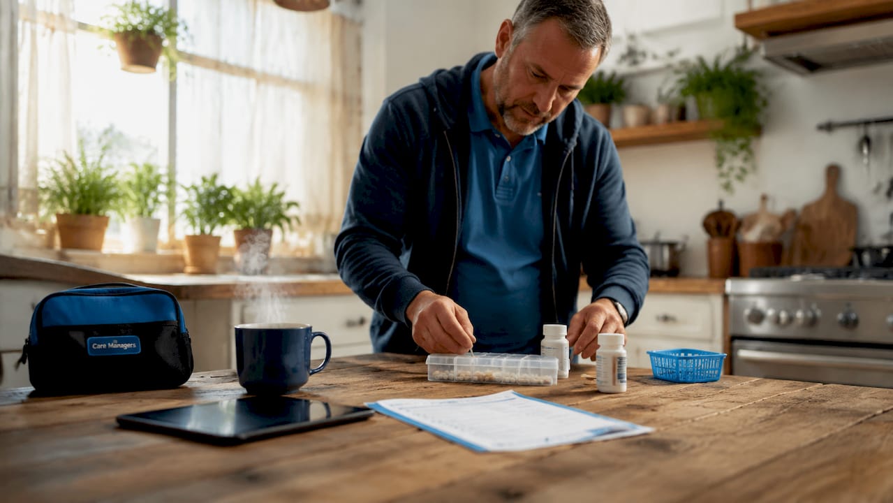 Caregiver organizing medication and supplies