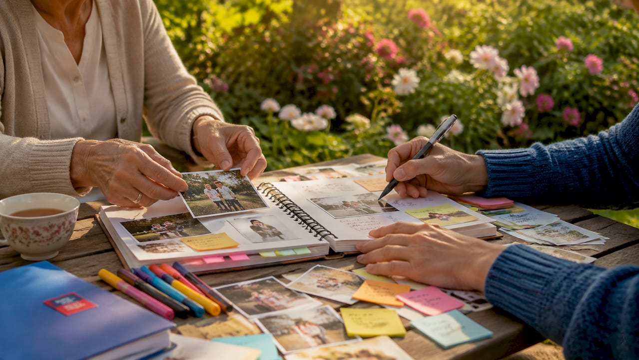 Hands preparing dementia life history booklet at table