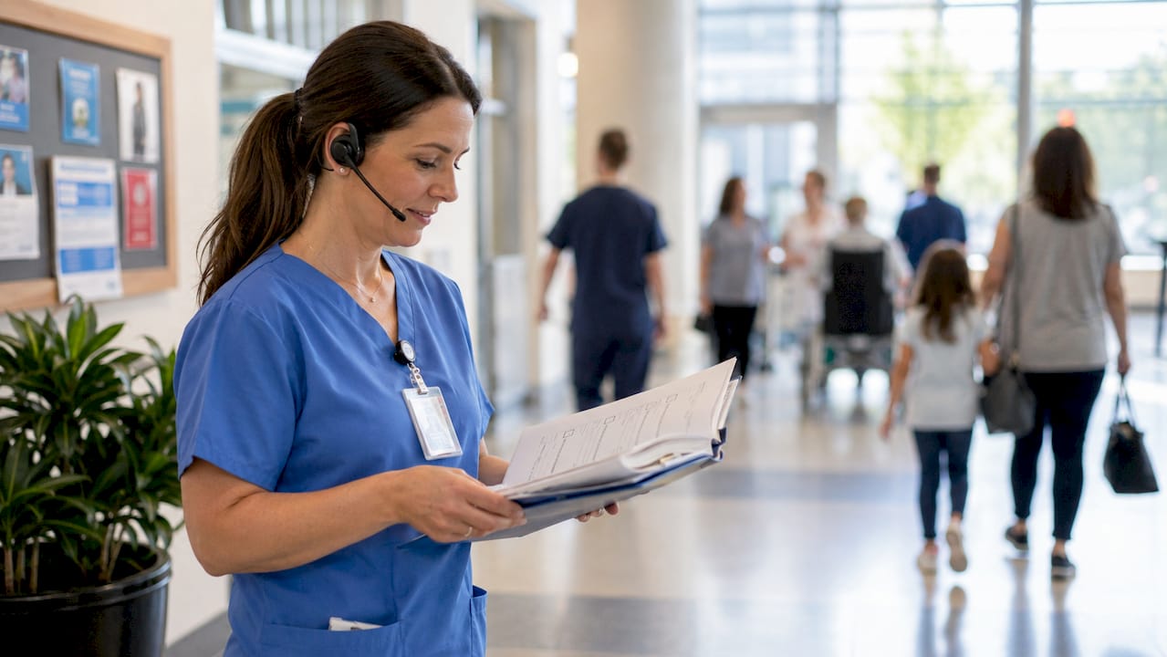 Nurse coordinating hospital discharge paperwork