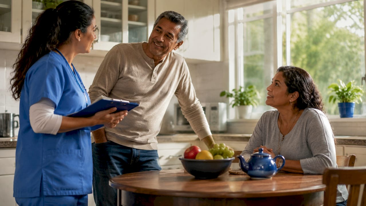 Nurse discussing care plan with couple at home