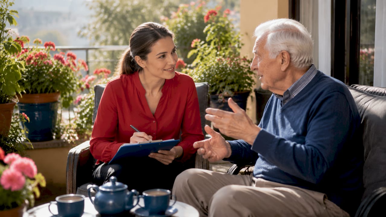 Care worker assessing elderly man’s needs