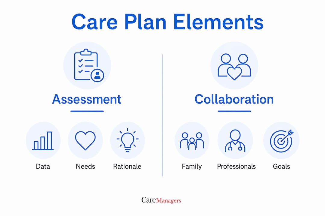 Infographic illustrating core elements of a care plan