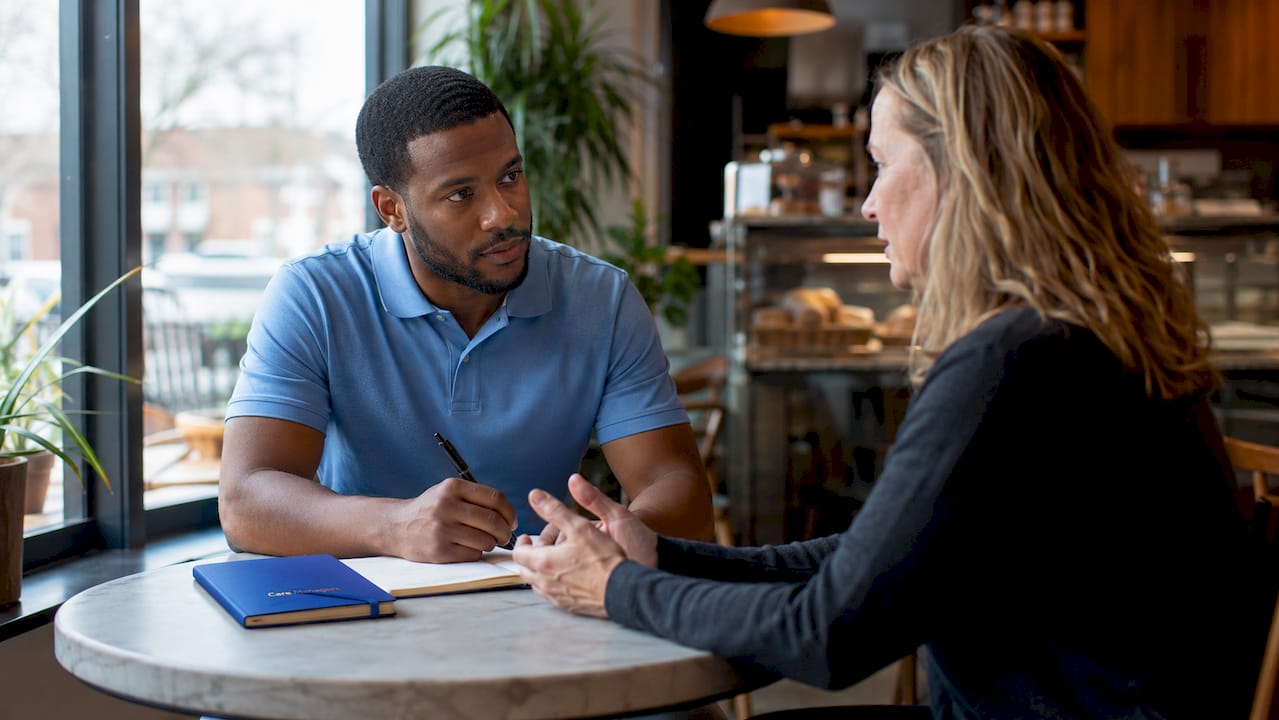 Dementia carer consulting with family member