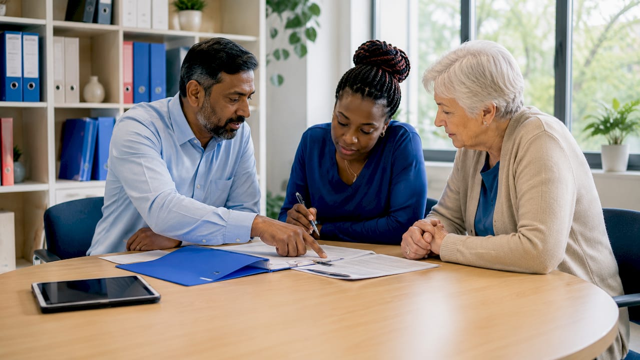 Hands pointing at care assessment forms