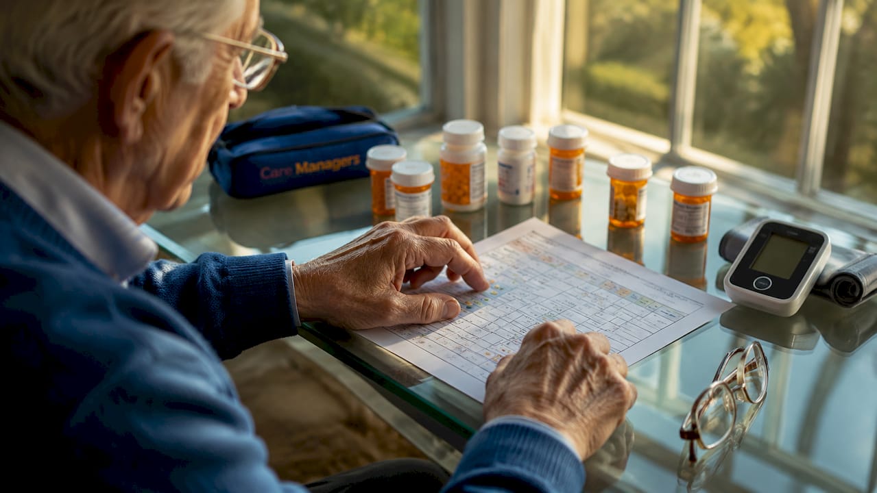 Elderly hands holding medication record paper