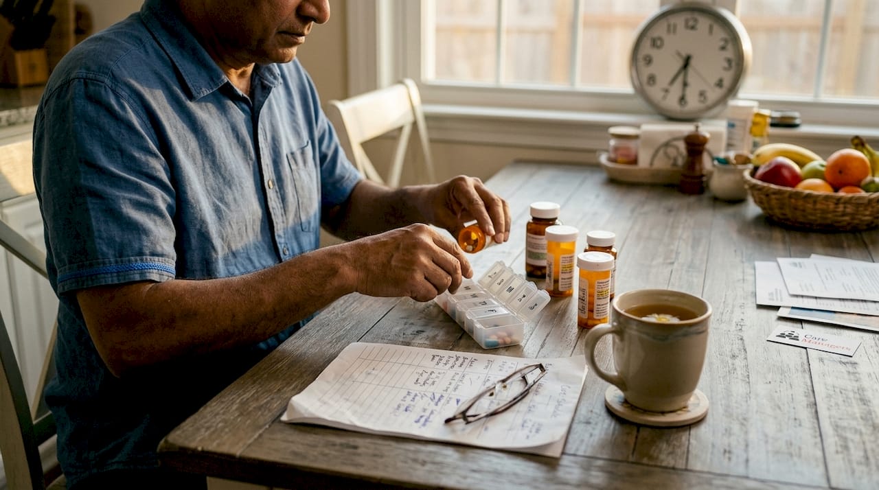 Hands organizing medication for daily care
