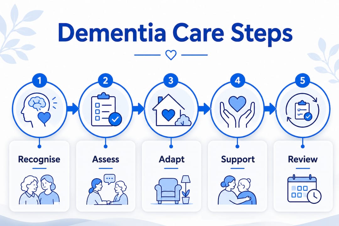 Infographic showing steps for adapting dementia care