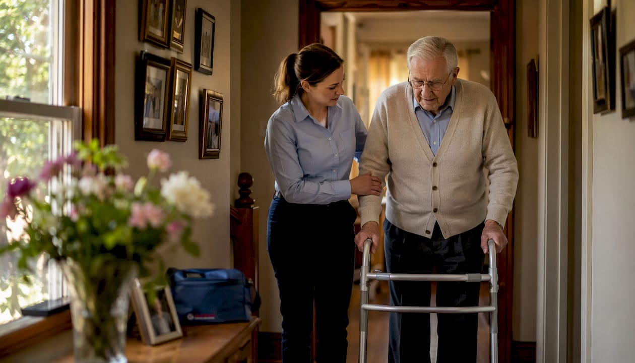 Carer assisting elderly man with walking at home