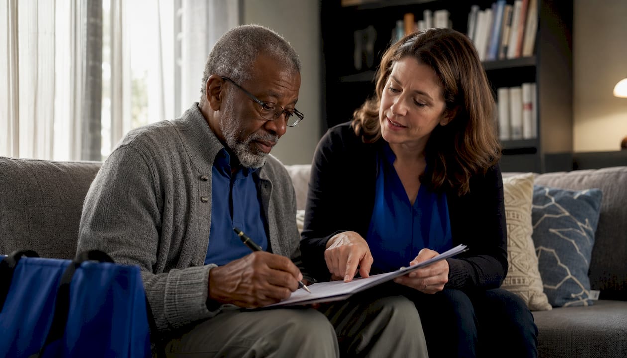 Elderly man signing care contract with manager