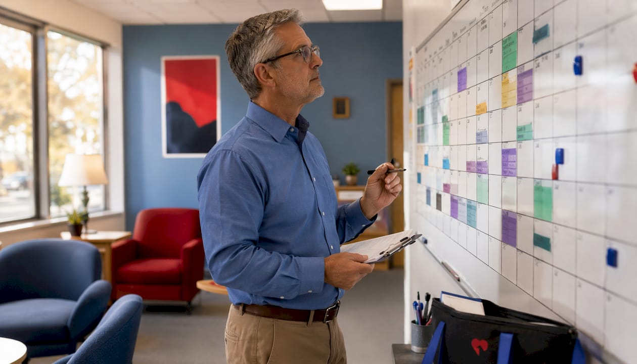 Care coordinator managing staff scheduling board