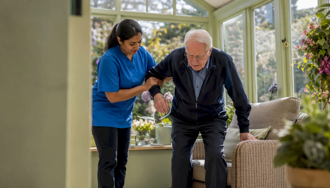 Caregiver assisting elderly man at home