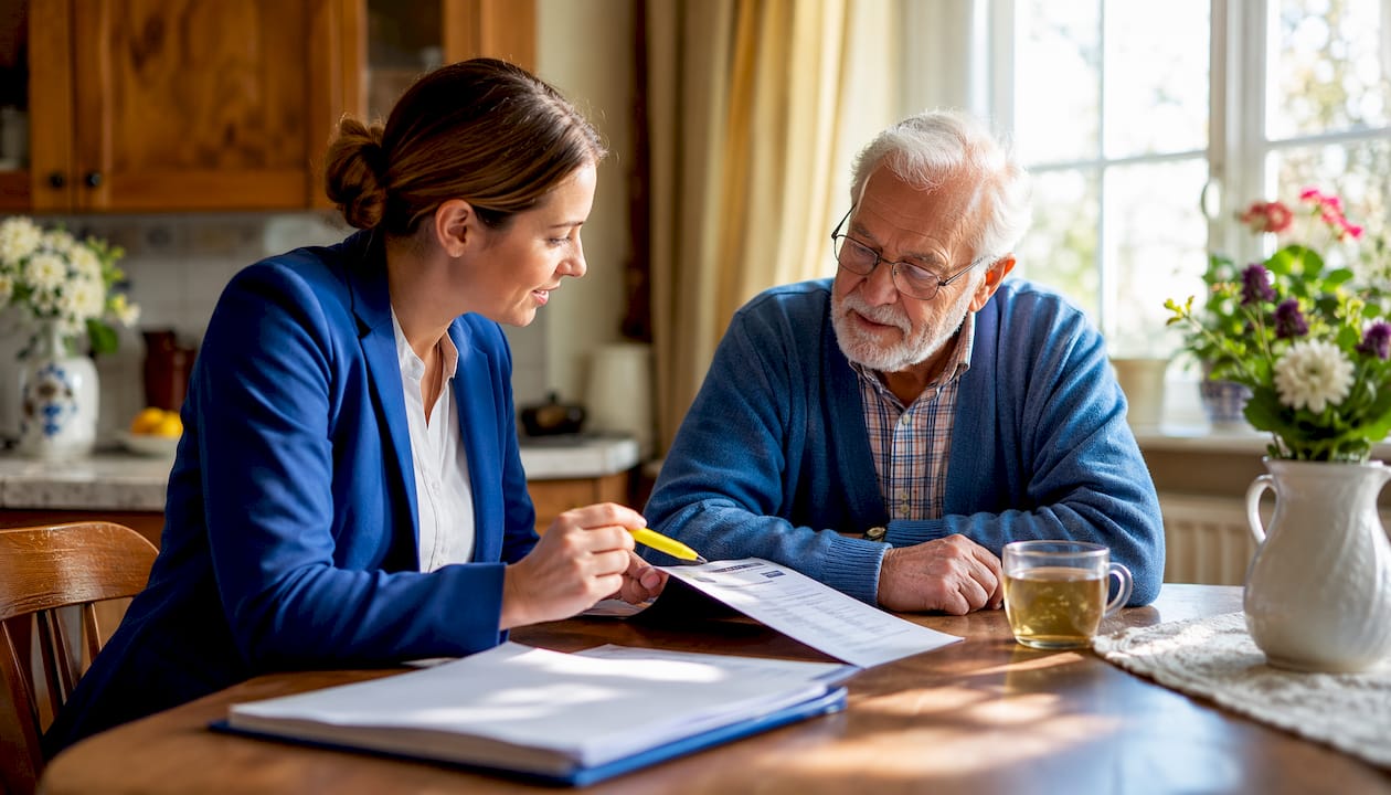 Care advisor discussing home care options with elderly man