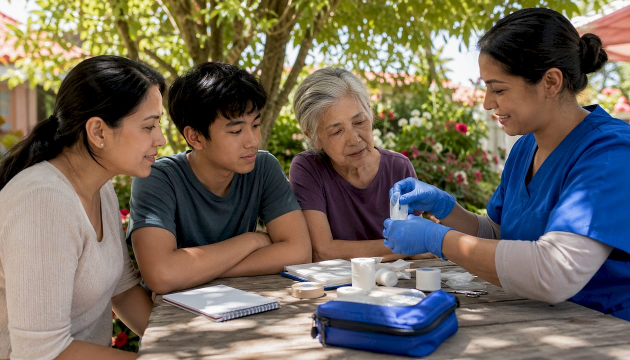 Family learning wound care from nurse