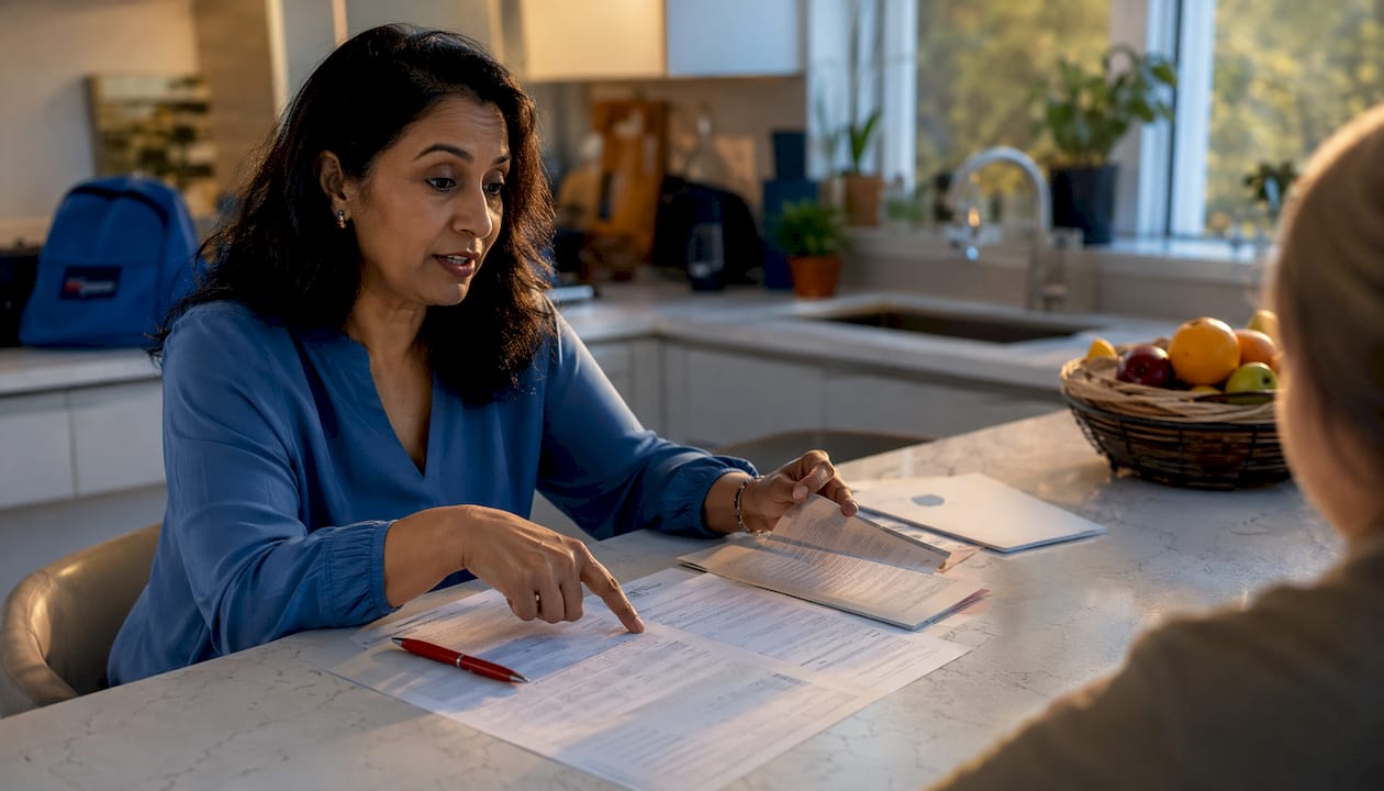 Hands reviewing elderly care assessment papers