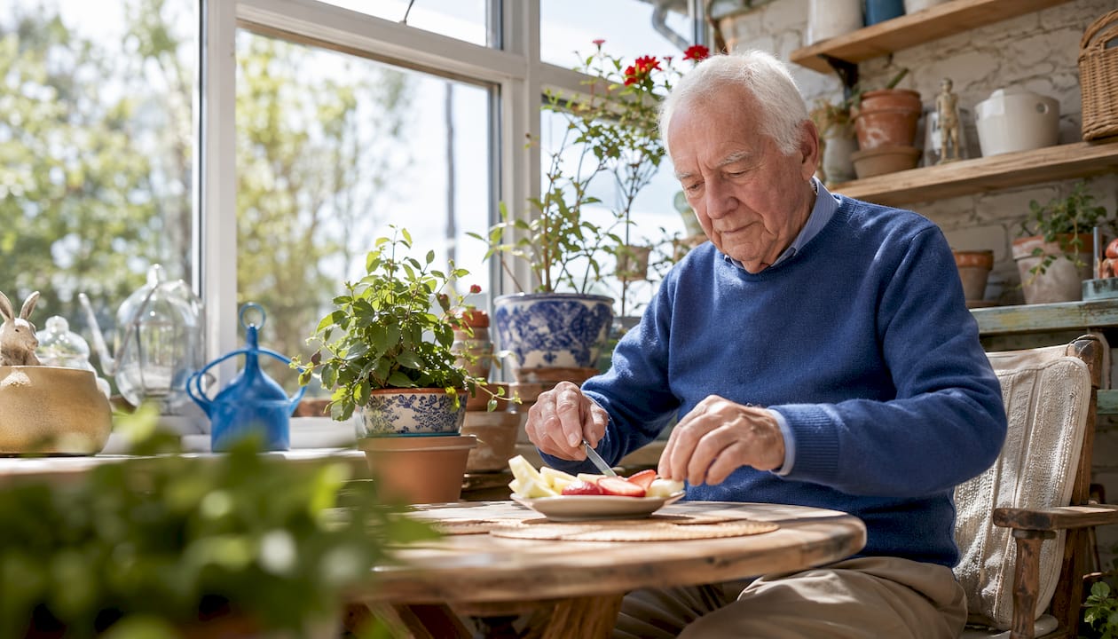 Elderly man preparing snack independently at home