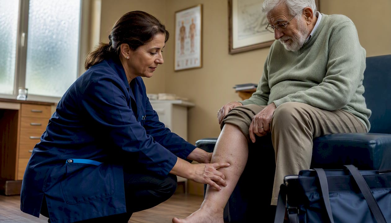 GP performing pitting test on elderly patient’s leg