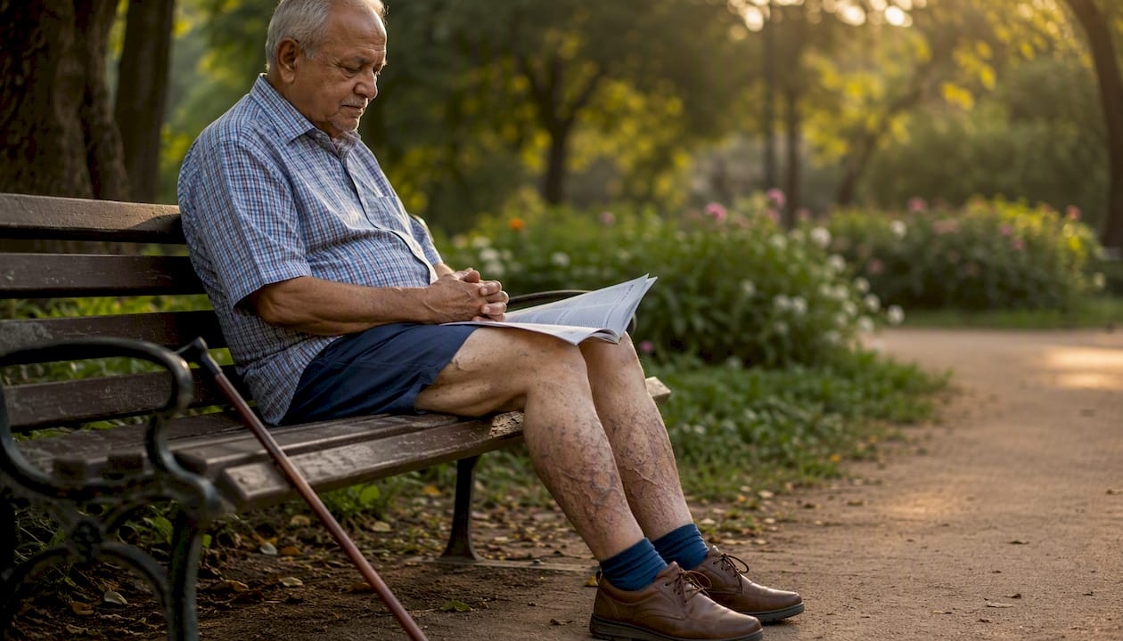 Close-up of elderly swollen legs with varicose veins