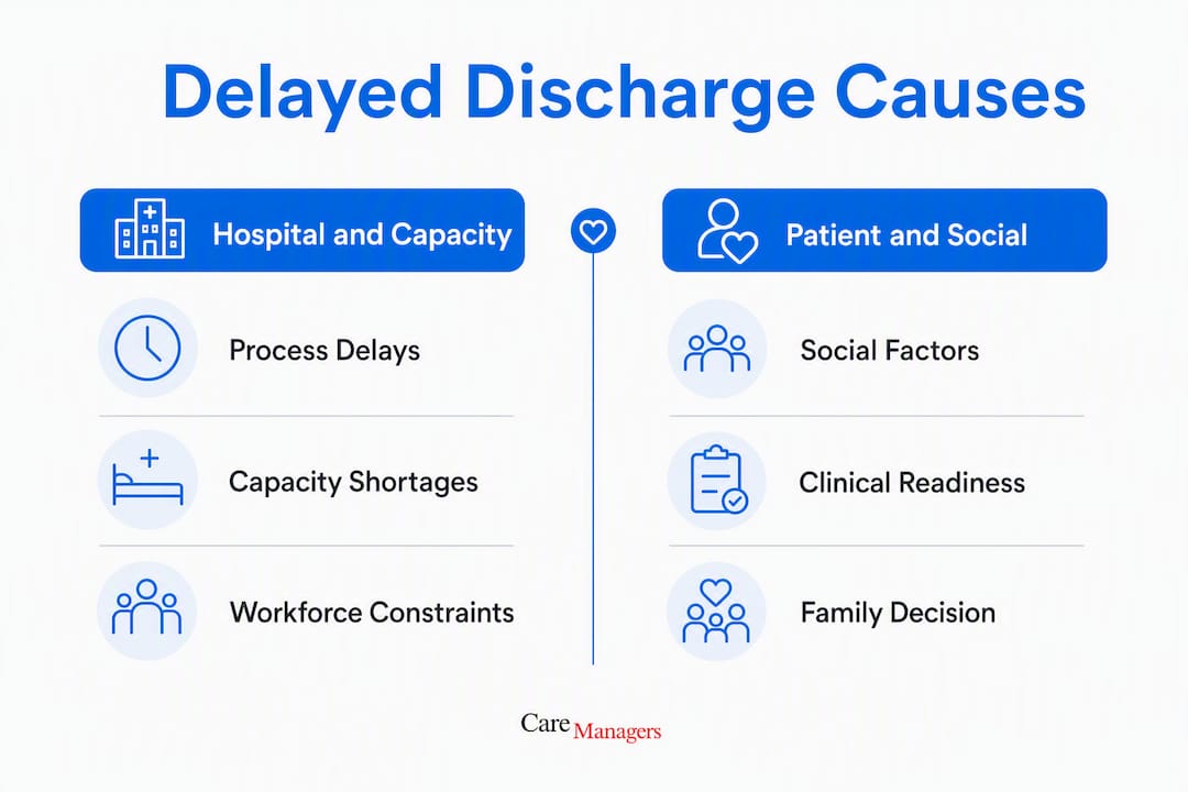 Infographic illustrating main causes of delayed discharge