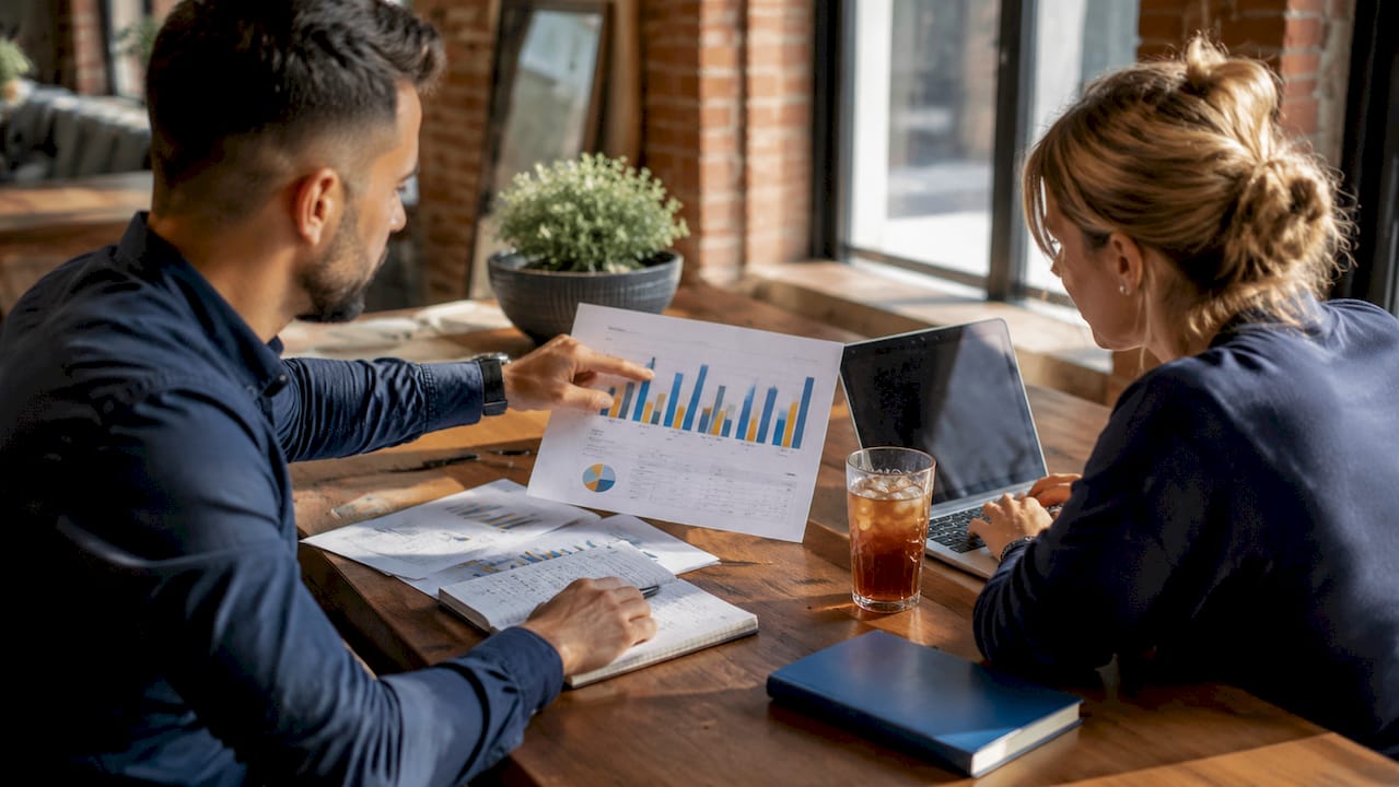 Hands reviewing market performance charts