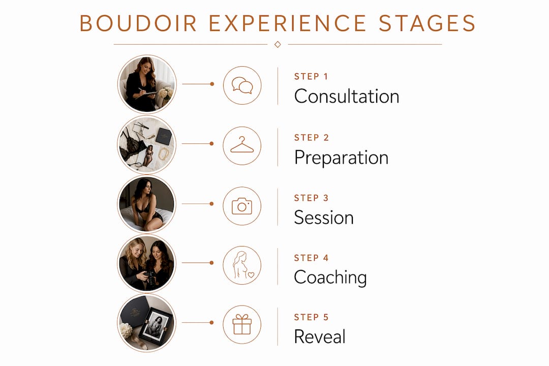 Infographic illustrating stages of boudoir photography experience