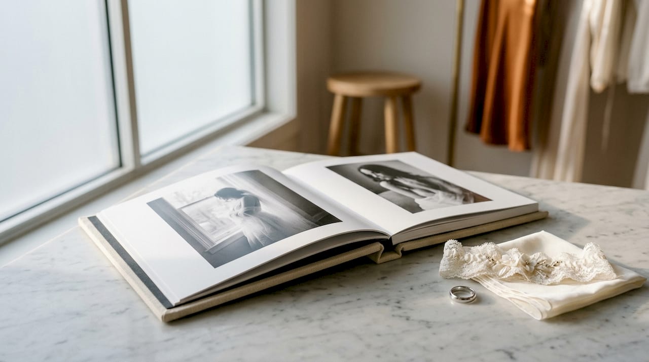 Close-up of bridal boudoir photo album and wedding details