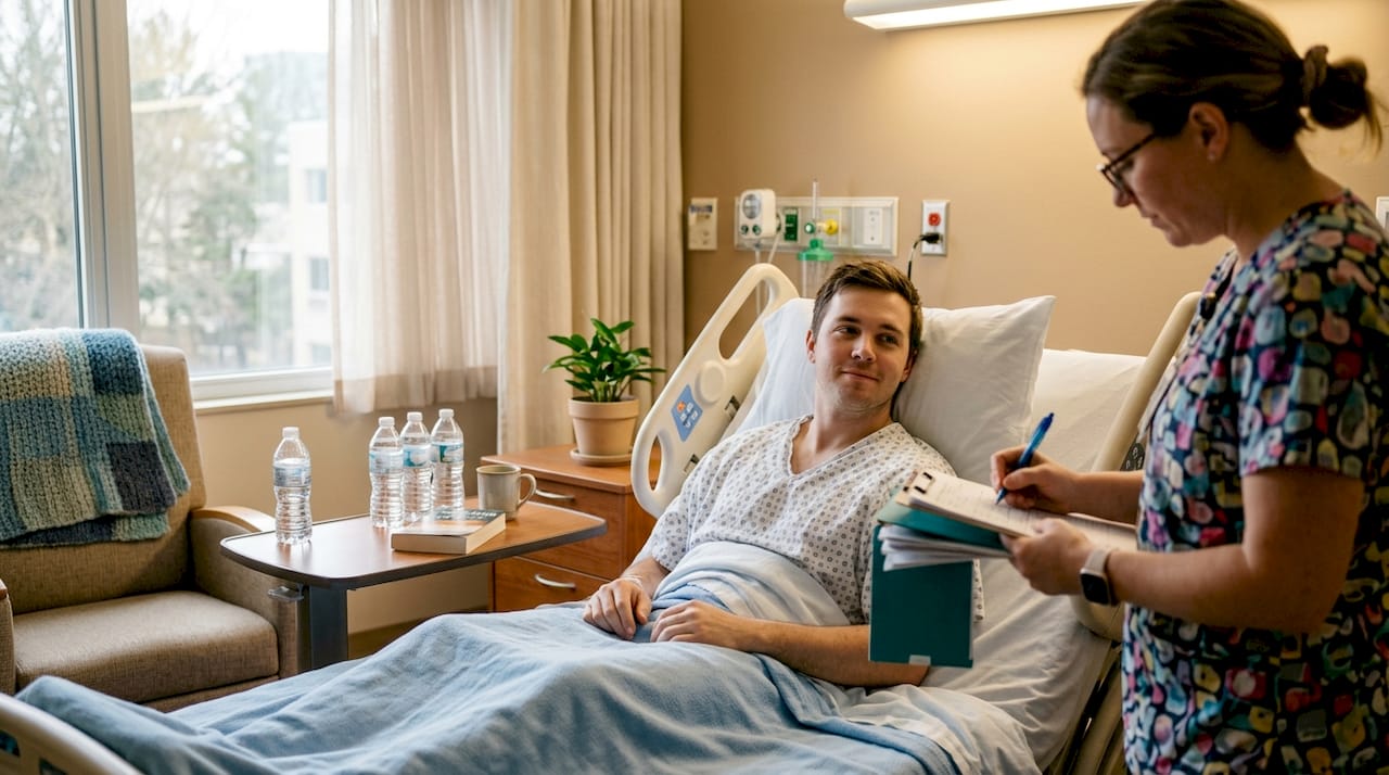 Patient recovering in hospital ward post bariatric surgery
