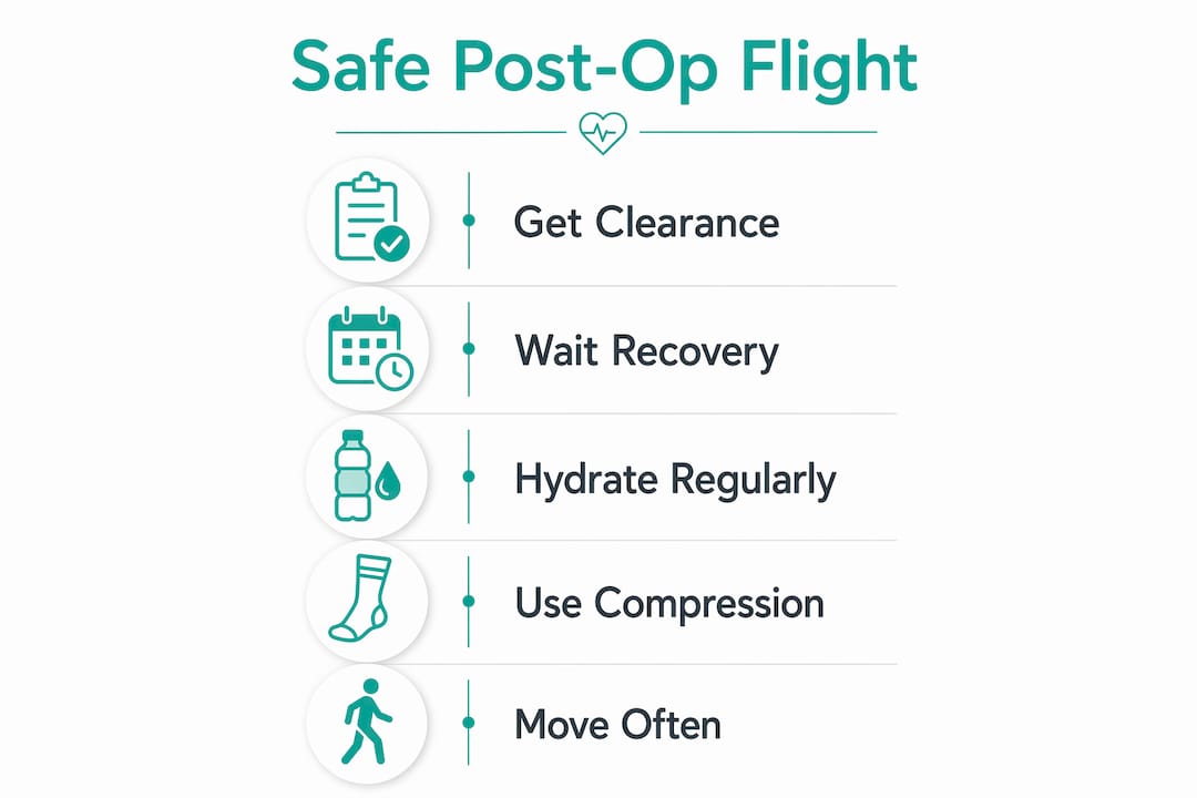 Infographic illustrating safe steps for flying after bariatric surgery