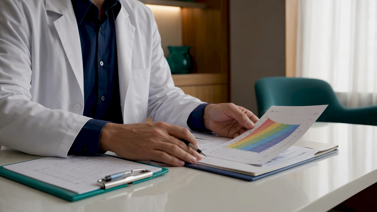 Doctor reviewing BMI chart and medical files
